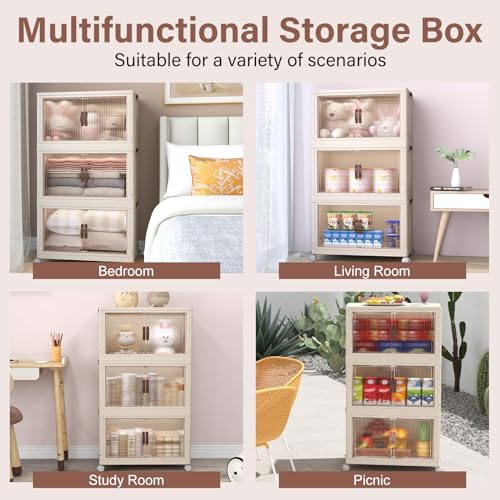 danpinera Storage Bins with Lids - 65QT Stackable Storage Bins with Wheels, Collapsible Closet Organizers and Storage, Folding Plastic Storage Bins with Doors for Home, Office, Dorm 3 Pack