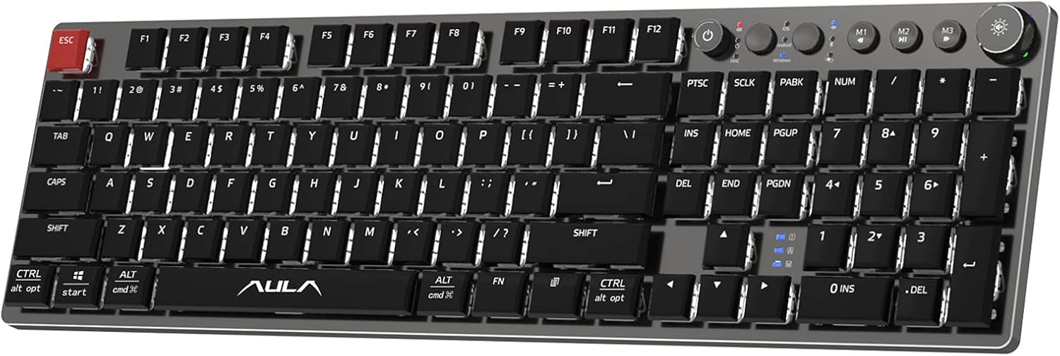 AULA F2090 Low Profile Wireless Bluetooth Mechanical Keyboard, with RGB Backlit, Media Control, 104 Slim Keycaps USB Wired PC Gaming Keyboard for Mac Windows, iOS, Android (Blue Switch)