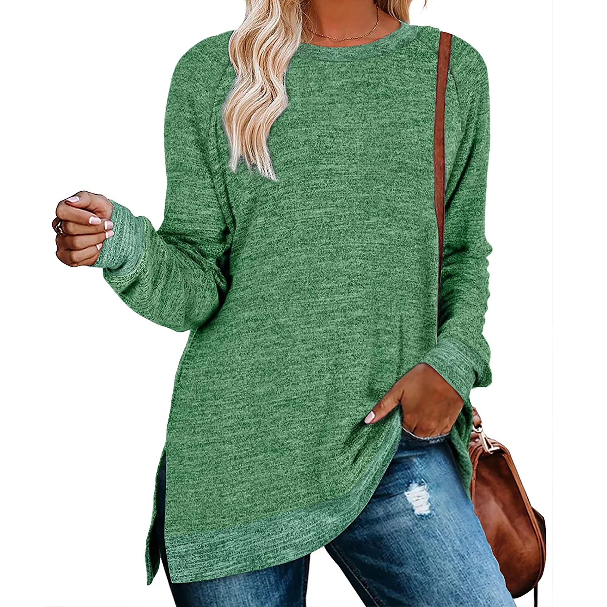 TEMOFON Womens Long Sleeve T Shirts Casual Color Block Blouses Fashion Side Split Tunic Tops Green Comfy Tees
