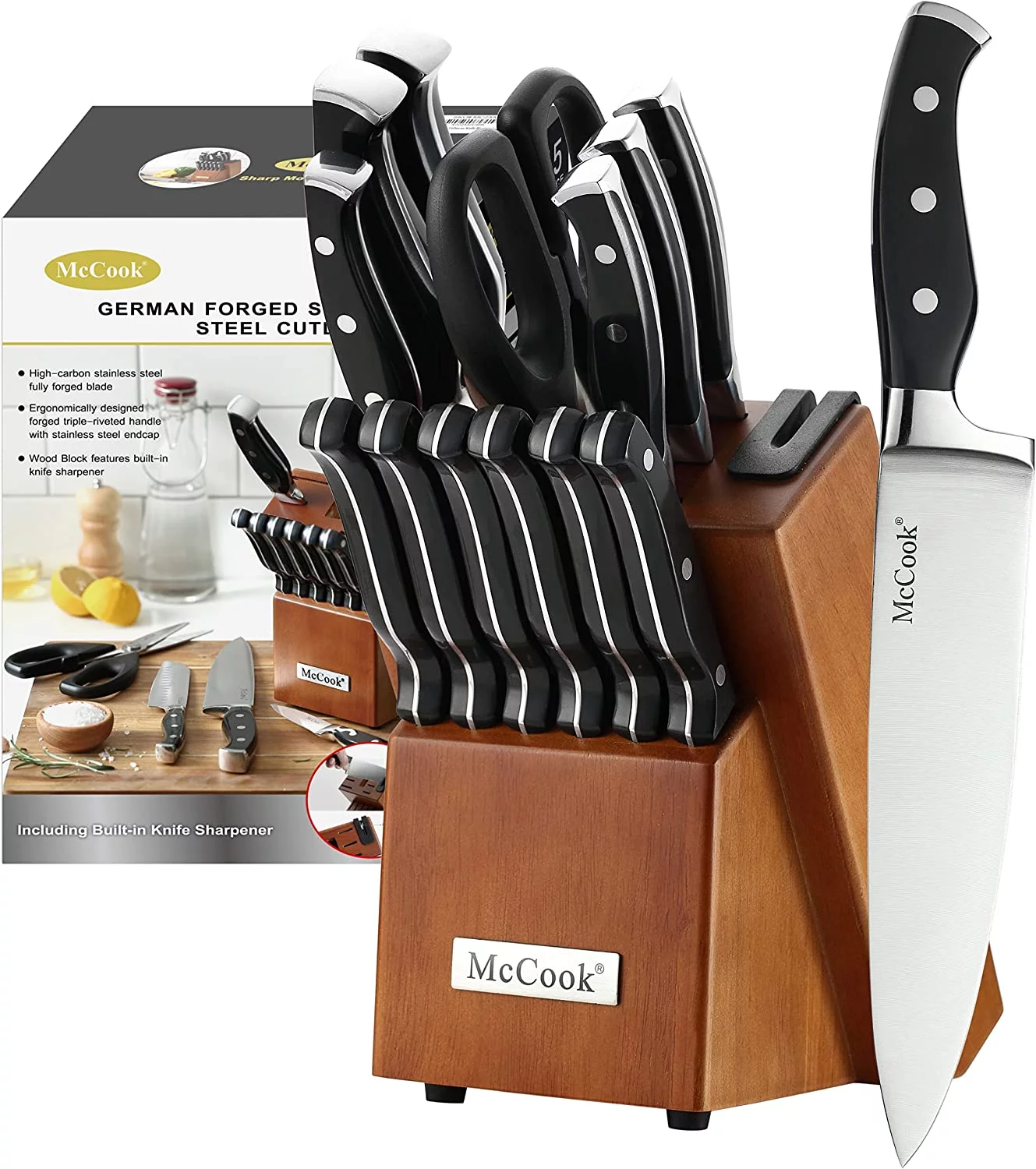 McCook MC23A 15Pieces Kitchen Knife Block Set Cutlery Knife Set with Built-in Sharpener