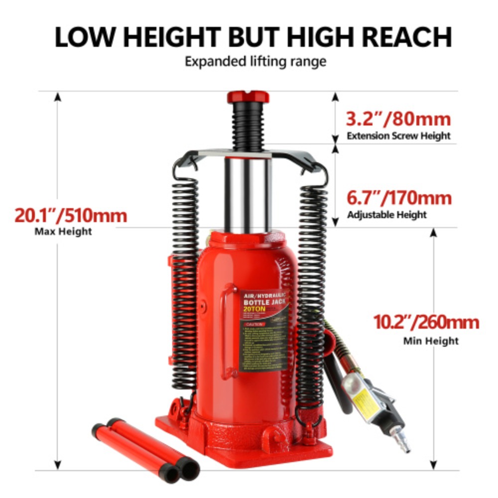 20 Ton Air Hydraulic Bottle Jack, with Manual Hand Pump Used for The Maintenance of Automobiles, Agricultural Vehicles, Heavy Trucks, Mobile Machinery, and Heavy Equipment  Red + Steel + 20T