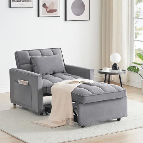 3 in 1 Convertible Sleeper Chair, Modern Pull Out Couch Bed Single Recliner with Adjustable Back, Velvet Futon Folding Sofa Bed Chair for Living Room Bedroom Small Spaces (Dark Gray)