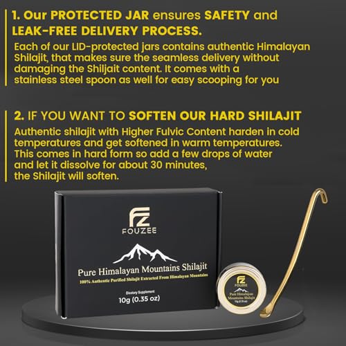 FOUZEE Pure Himalayan Mountains Shilajit - 77% + Fulvic Acid Authentic Hard Consistency, Natural Source of Fulvic Acid, Over 85 Trace Minerals, Includes Stainless Steel Spoon (10 Grams)