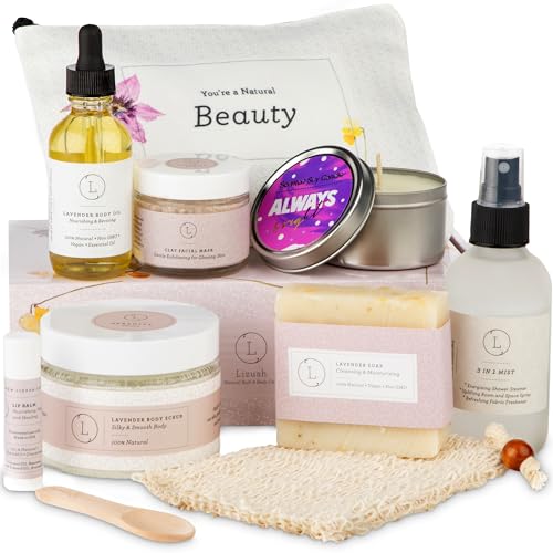 Lizush Luxury Spa Gifts for Women - 6 Piece Lavender Gifts for Her, Gift Baskets for Women, Body Care Set for Mom, Birthday Box, Self Care Spa Kit For Wife - Handmade In The USA