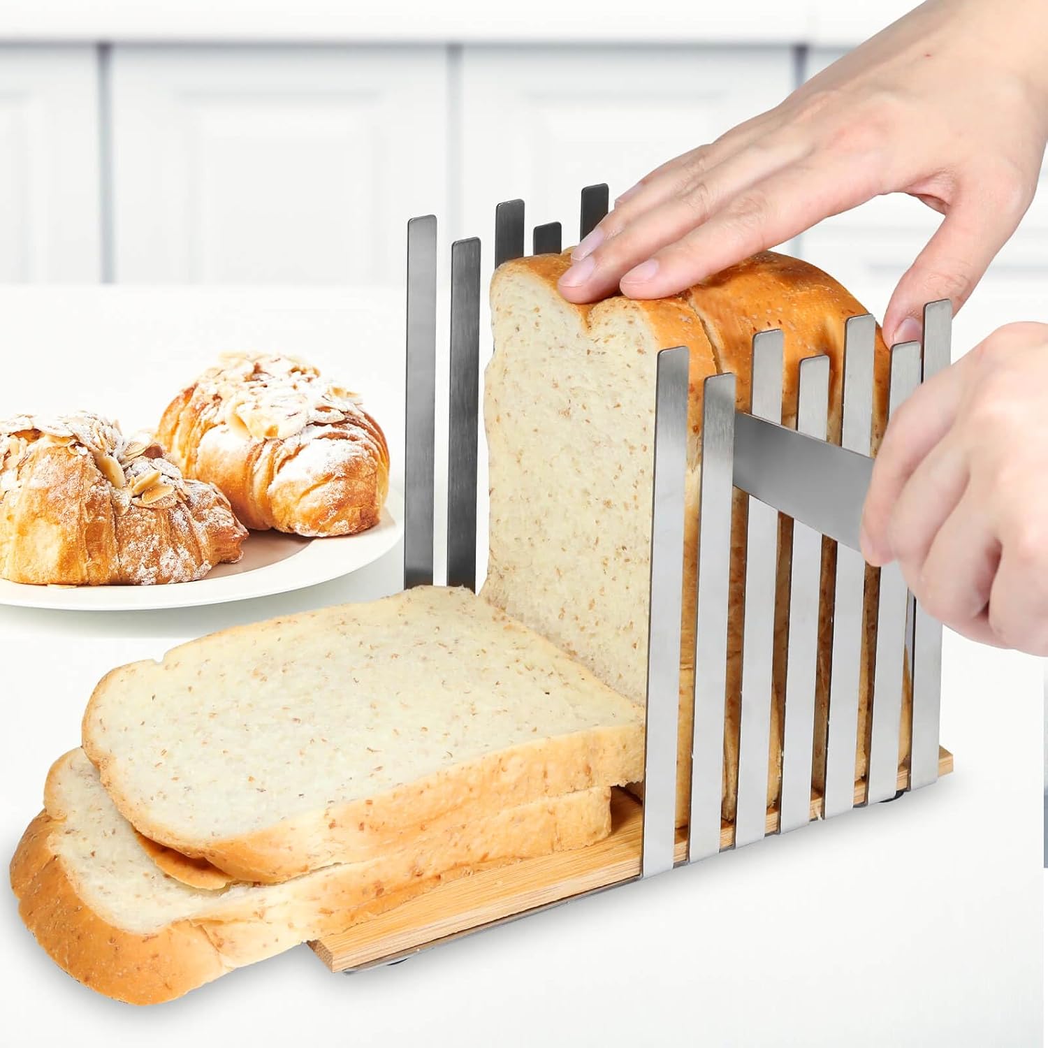 Stainless Steel Bread Slicer, Bread Slicer for Homemade Bread, Bread Slicing Guide with Sturdy Bamboo Cutting Board, Slices Evenly Bread Cake Cutting Guide