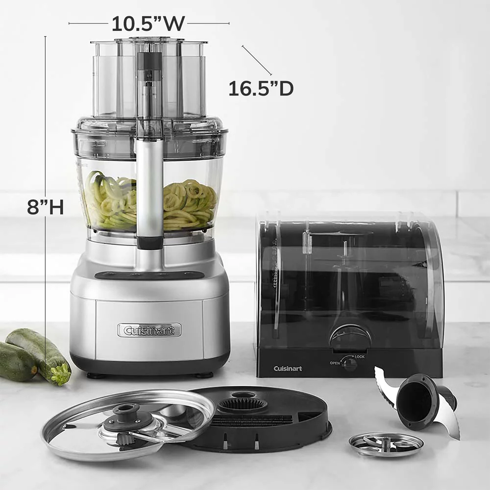 Cuisinart FP-1300SVWS Elemental 13-Cup Food Processor with Spiralizer and Dicer, Silver Bundle with Cuisinart 12 Piece Cutlery Set, Deco Essentials 60 Minute Kitchen Timer and Pair Of Red Oven Mitt