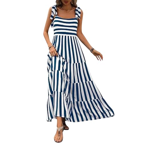 OLEMEK Women's Summer Boho Spaghetti Tie Strap Dress Square Neck Flounce A-line Maxi Dress with Pockets Tank Dress