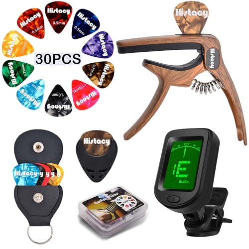 Guitar Accessories Kit: Clip On Guitar Tuner, 3 in 1 Guitar Capo, 30 Guitar Picks, Pick Holder, Leather Plectrum Pouch Keyring & Storage Case for Acoustic Electric Guitar, Bass, Ukulele