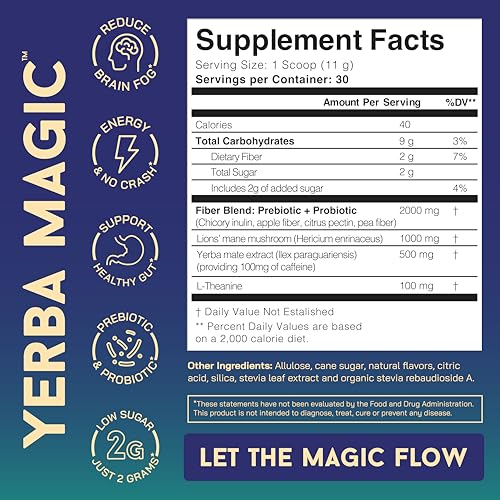 Yerba Mate Instant Tea Powder, 3-in-1 Super Drink - Clean Energy, Brain Fog Buster, and Gut Health Powered by Nootropics, Prebiotics and Probiotics | Yerba Magic Pina Colada 30 Servings