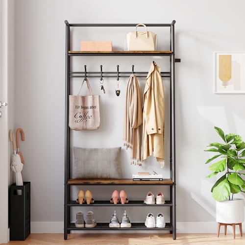 Coat Rack Shoe Bench with 5 Hooks, Entryway Hall Trees with Storage, Multifunctional Hallway Organizer, Wood Look Accent Furniture with Metal Frame, 4-in-1 Hall Trees Shoe Bench (5 Hooks-31.5 In)