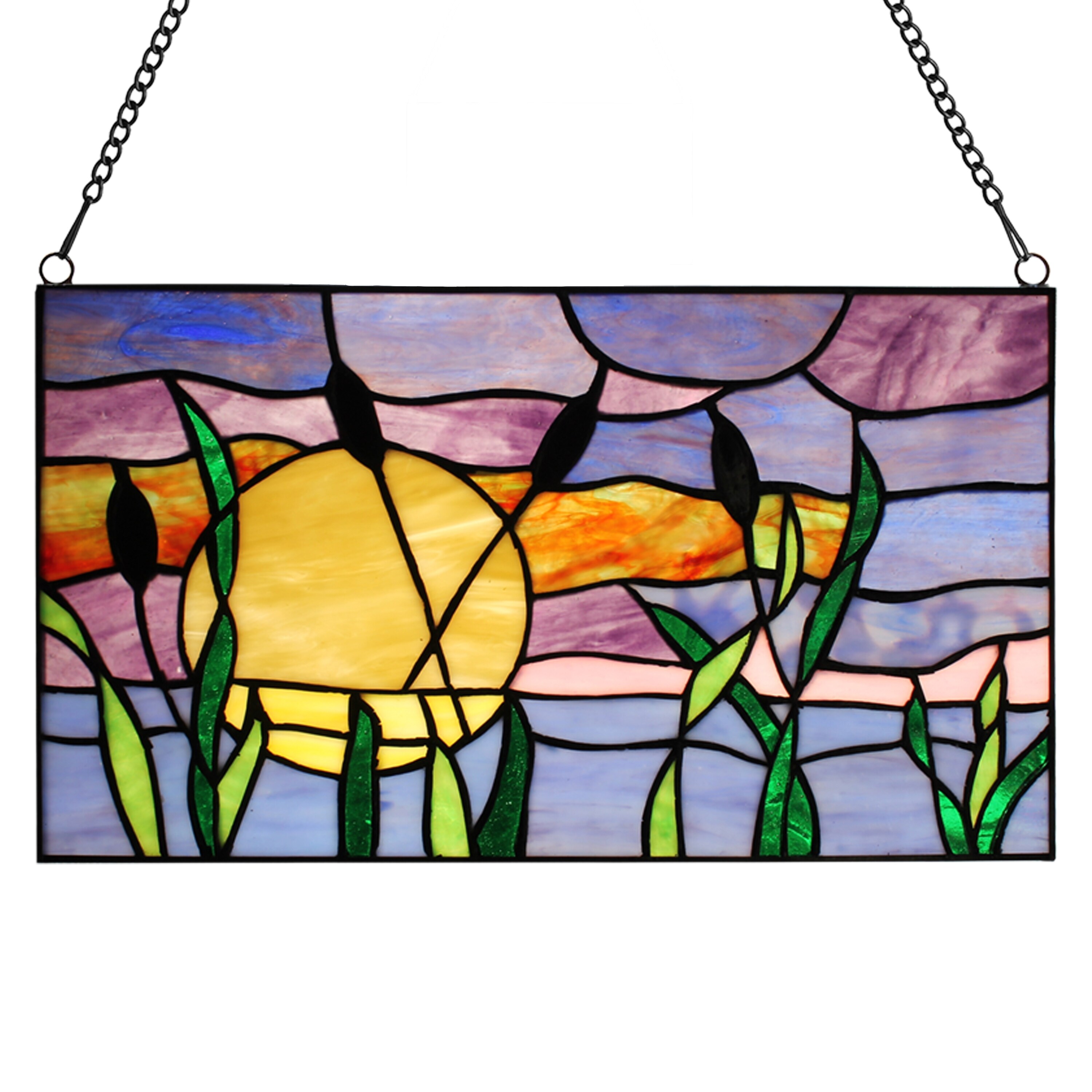 River of Goods Cattails Sunset Multicolored Stained Glass Window Panel - 14