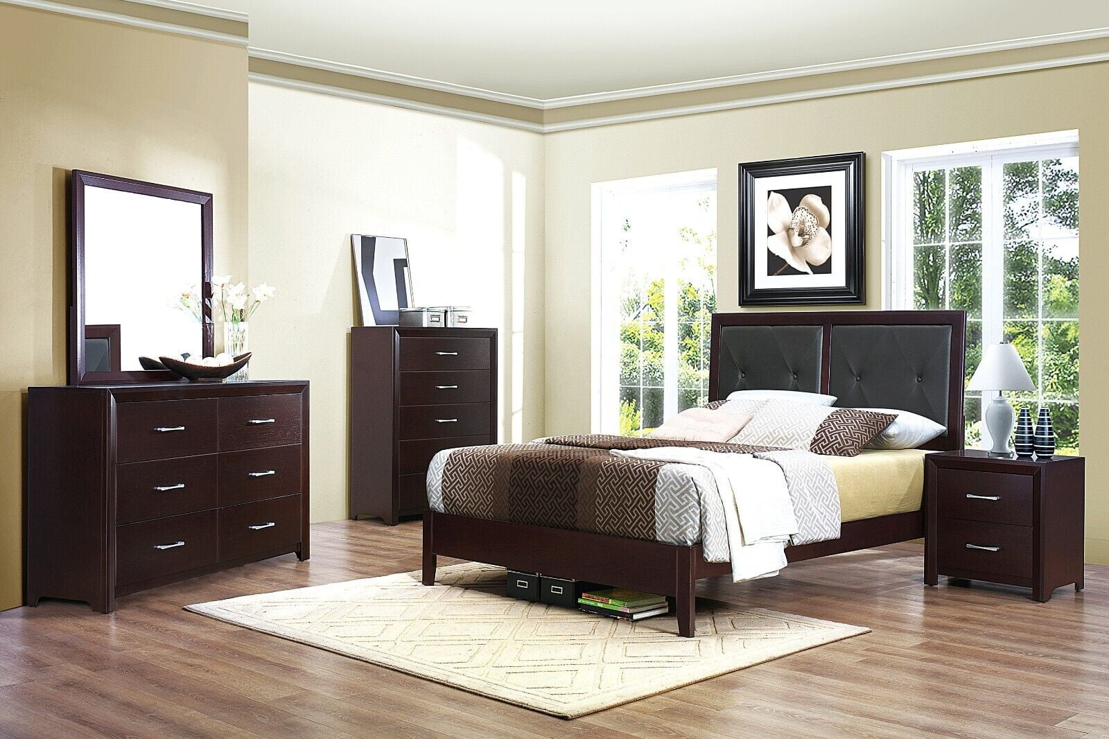 Contemporary Espresso Finish Bedroom 5pc Set Full Bed Dresser Nightstand Chest Mirror