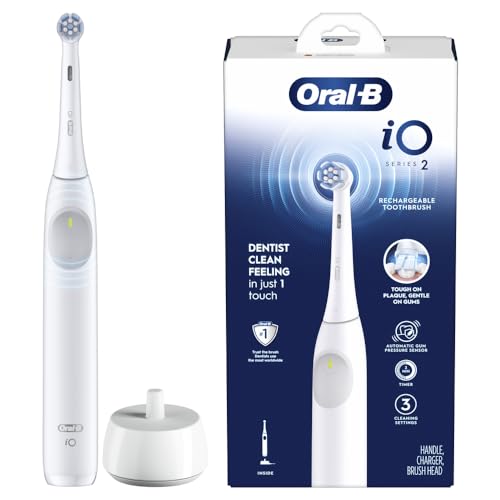 Oral-B iO Series 2 Rechargeable Electric Powered Toothbrush, Pure White with 1 Gentle Care Brush Head - Automatic Pressure Sensor to Protect Gums - 3 Modes - 2 Min Timer