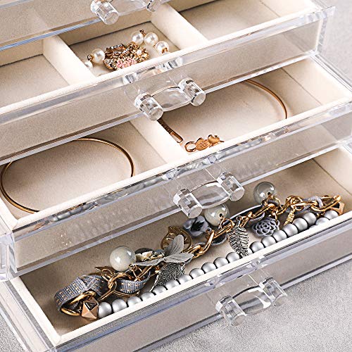 Frebeauty Extra Large Acrylic Jewelry Box for Women 5 Layers Clear Jewelry Organizer Velvet Earring Box with 5 Drawers Rings Display Case Necklaces Holder Tray for Women Girls(Purple)