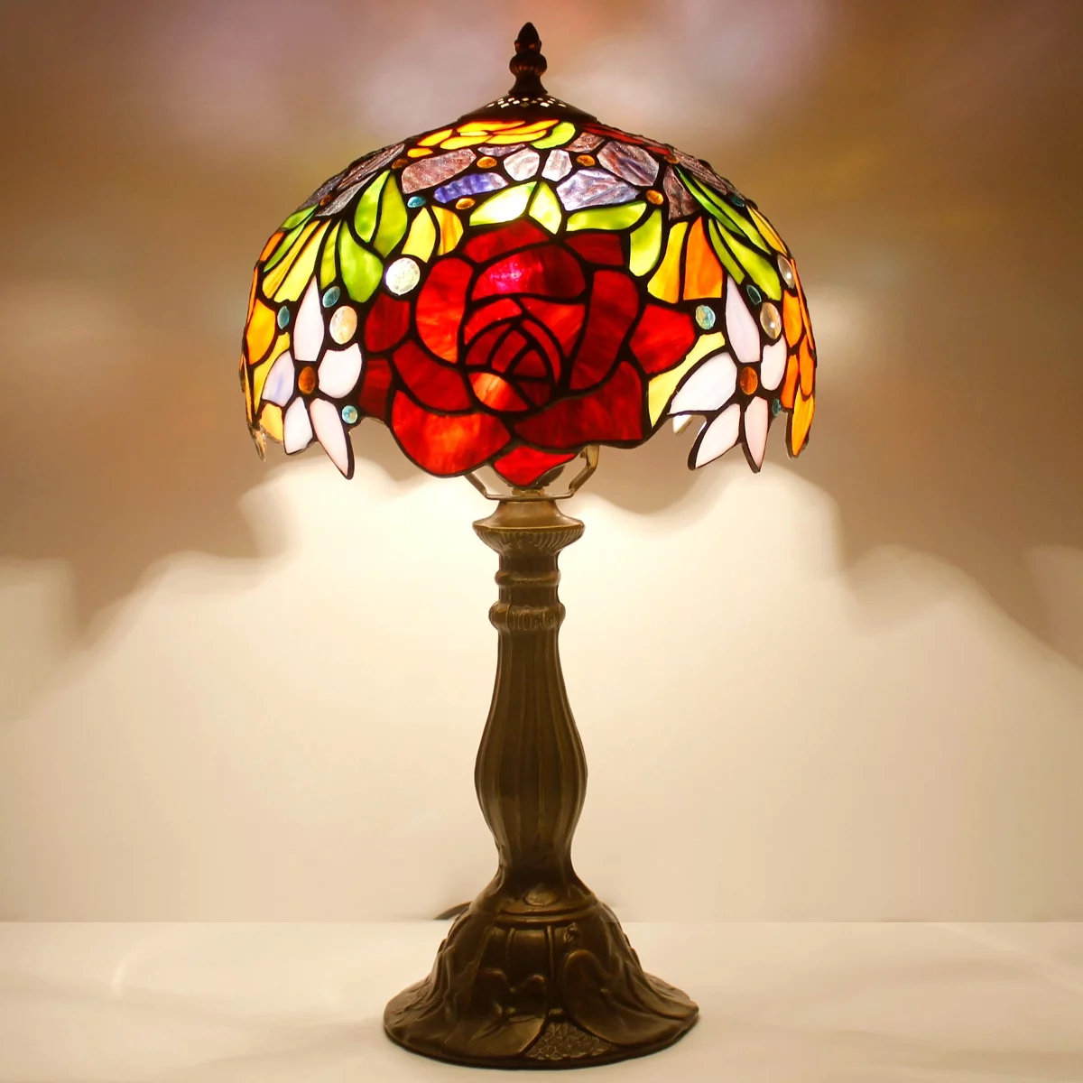 Tiffany Style Table Lamp Bedside Stained Glass Lamp Red Rose Desk Reading Light 18