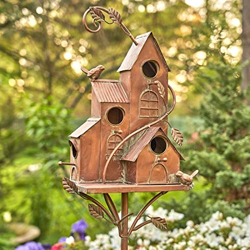 Large Copper Colored Multi-Birdhouse Stakes, Room for 4 Bird Families in Each (Houses Facing Multiple Directions)