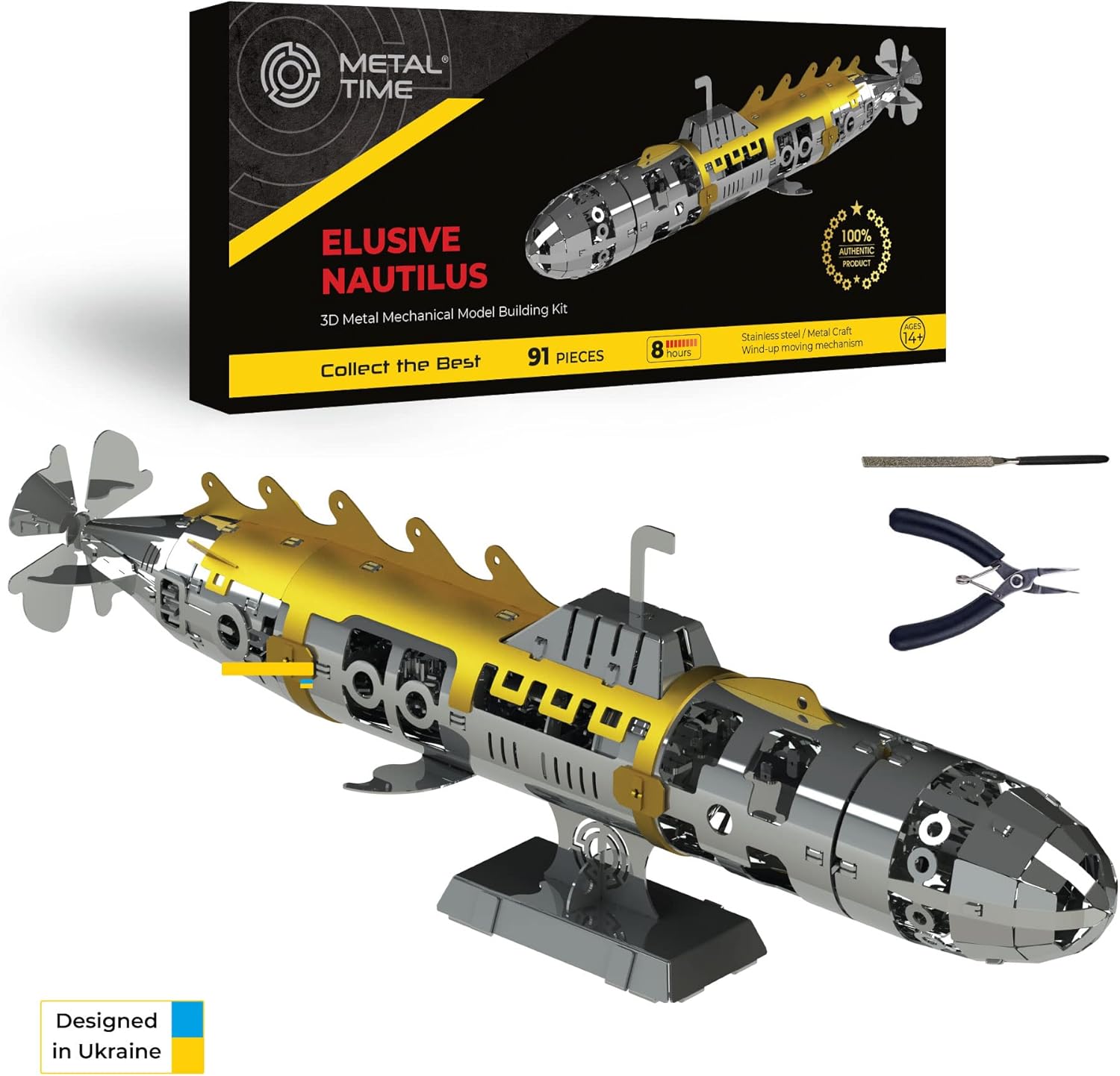 METAL-TIME Elusive Nautilus Submarine 3D Metal Mechanical Model Building Kit | Unique Wind-Up Moving Mechanism | Assemble Disassemble Stainless Steel Puzzle - 91 Pieces Pack of 2