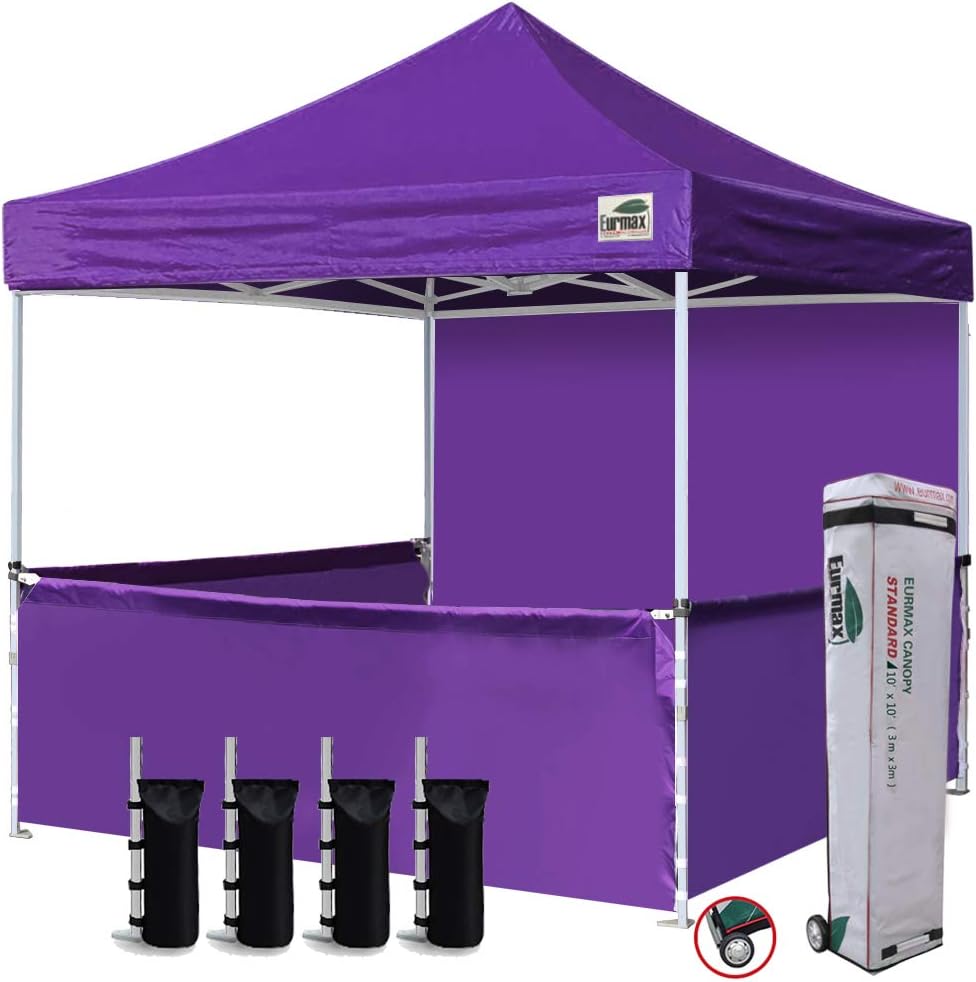 Eurmax USA 10'x10' Ez Pop-up Booth Canopy Tent Commercial Instant Canopies with 1 Full Sidewall & 3 Half Walls and Roller Bag, with 4 SandBags + 3 Cross-Bar (Grey)