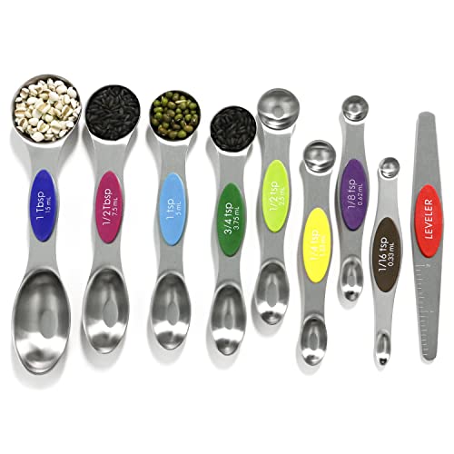 Magnetic Measuring Spoons Set Stainless Steel with Leveler, Metal Stackable Measuring Spoons for Baking, Tablespoon Kitchen Utensils Gadgets for Dry or Liquid Food, Fits in Spice Jars