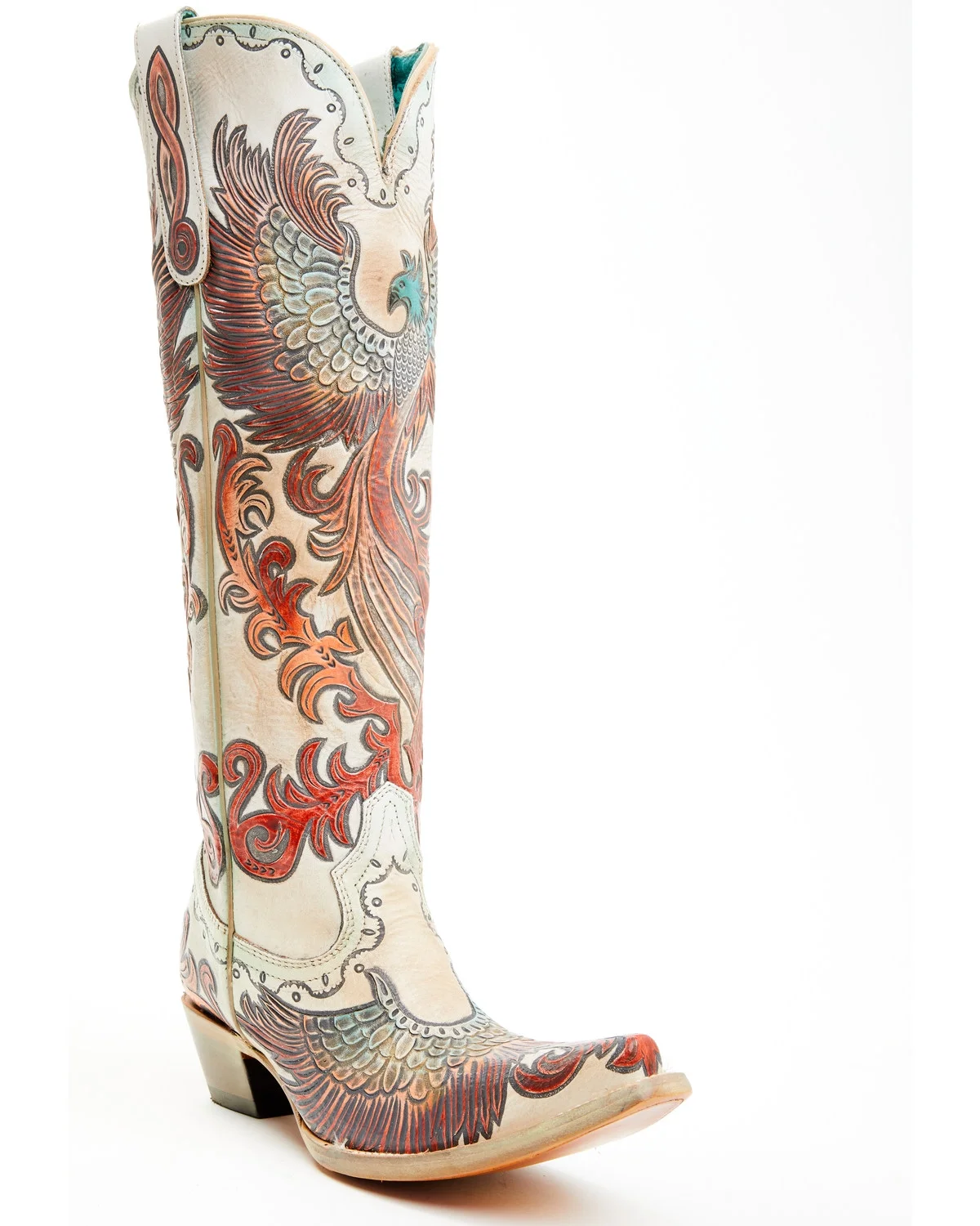 Corral Women's Fire Phoenix Hand Tooled And Painted Tall Western Boot Snip Toe White 7 1/2 M  US