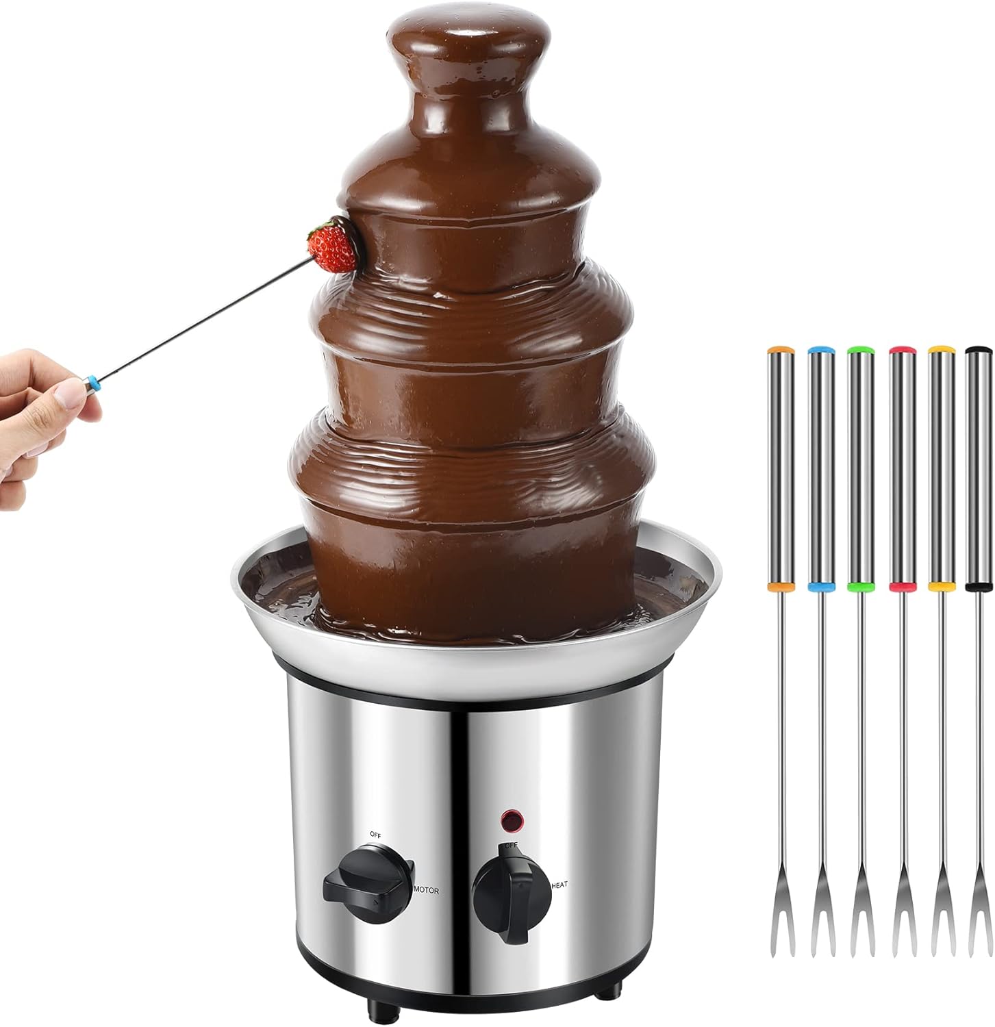 Chocolate Fountain, 4 Tiers Electric Melting Machine Chocolate Fondue Fountain Set with 6pcs Stainless Steel Forks, 4-Pound Capacity, Stainless Steel Cascading Fondue Heat Motor Controls Pot for Nacho