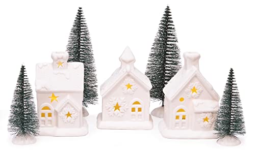 Mark Feldstein & Associates Unglazed Porcelain Pre Lit LED Cozy Knit Winter Village with Trees, 7 Piece Tabletop Set