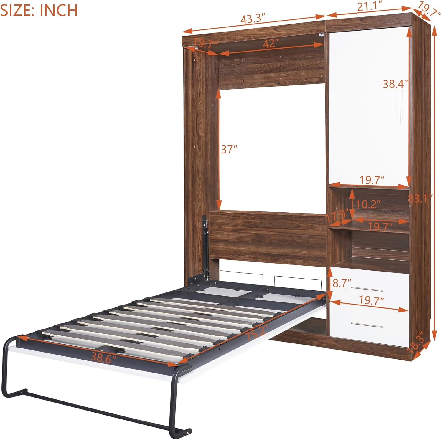 Twin Size Murphy Wall Bed with Cabinet and Storage Drawers, Wooden Platform Bedframe can be Foldable, for Home Bedroom, Space Saving, White