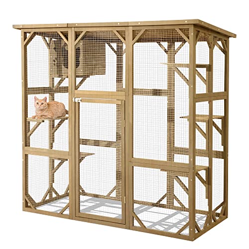 ROOMTEC 70 Inch Large Wooden Catio Outdoor & Indoor Cat Enclosure, Luxury Pet-House with Resting Box & 6 Jumping Platforms, Kitty Condo Shelter for Play, Weather Protection Asphalt Roof