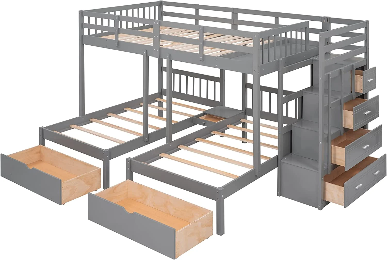 Full Over Twin & Twin Bunk Bed, Wood Triple Bunk-Beds with Drawers and Guardrails,White