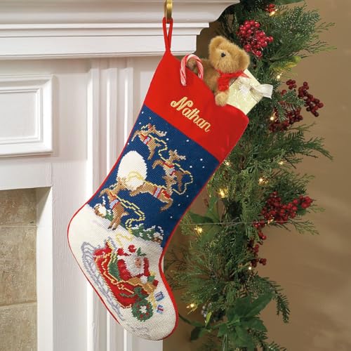 Lillian Vernon Santa Personalized Heirloom Christmas Needlepoint Stocking Stocking, 100% Wool, 9.5