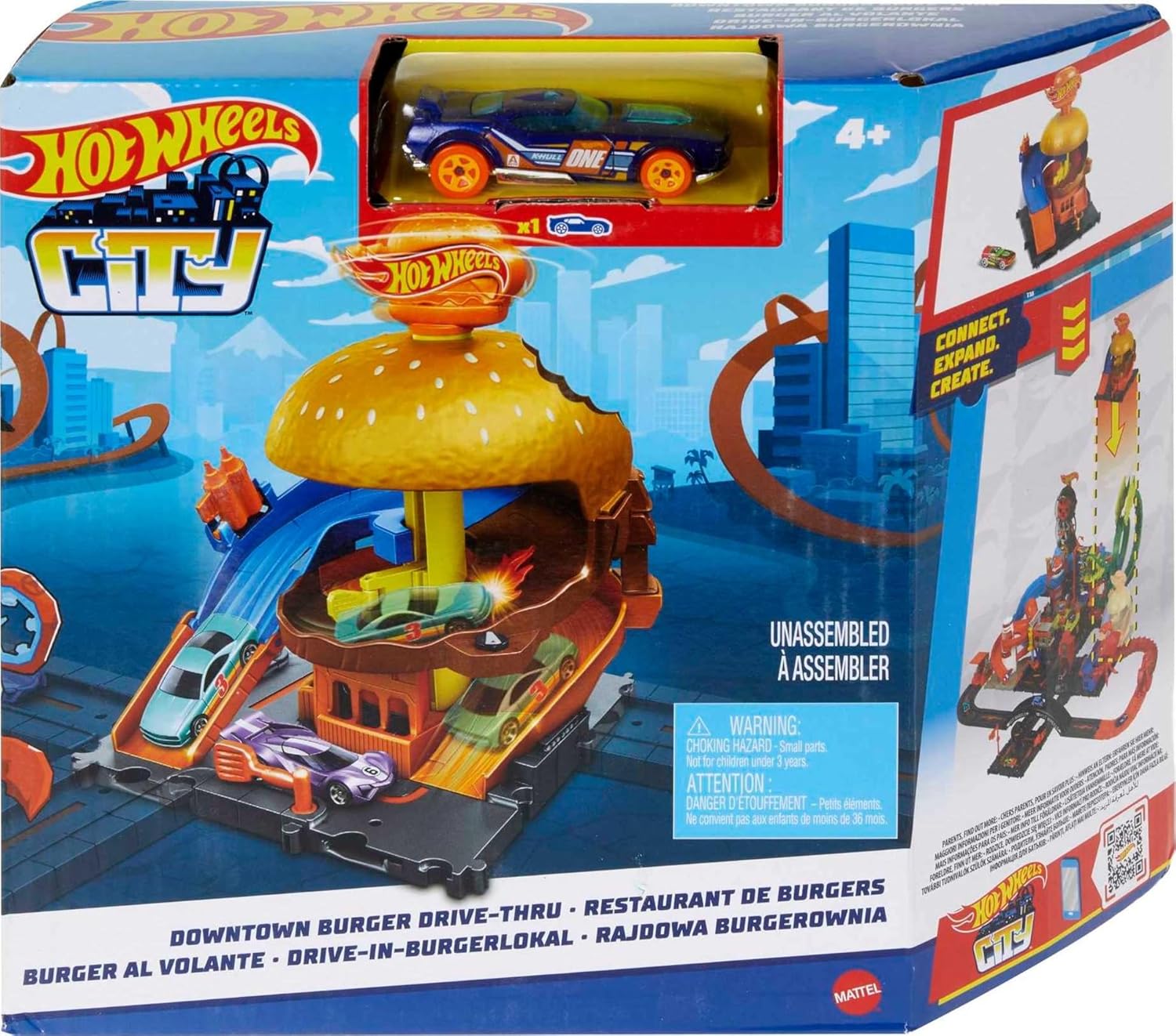 Hot Wheels Toy Car Track Set, City Burger Drive-Thru Playset & 1:64 Scale Car, Connects to Other Sets & Tracks