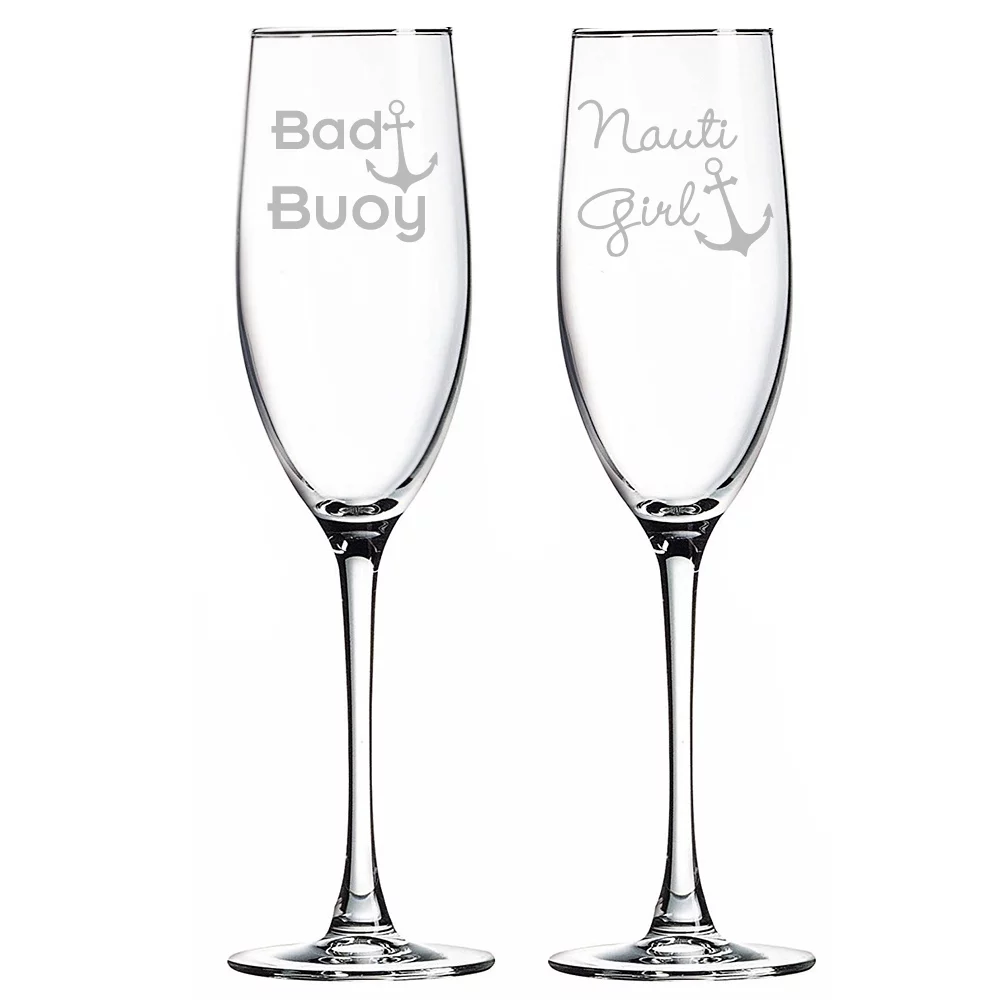 Bad Buoy and Nauti Girl Champagne Toasting Flute Glasses, Set of 2