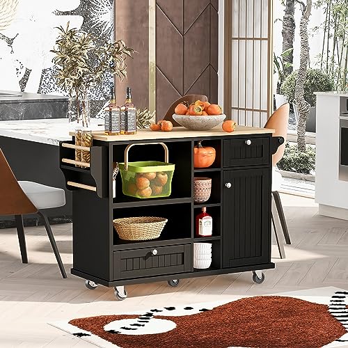 Kitchen Island Cart with Wood Top, Rolling Mobile Kitchen Island Buffet Server Sideboard with 2 Drawers, Storage Cabinet, Open Shelves, Spice Rack & Towel Rack, White