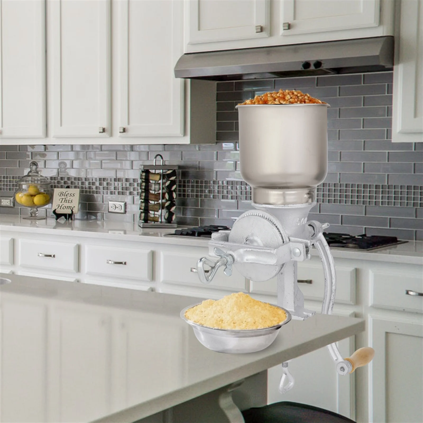 500# Home Use Hand Cranking Grain Grinder Corn Wheat Coffee Cast Iron Big Hopper Grain Manual Grinder - Silver