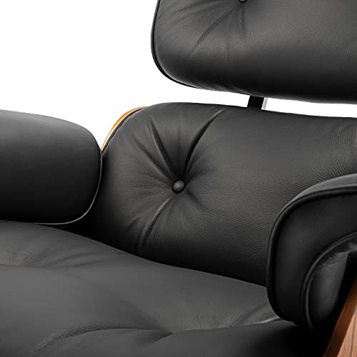 Mid Century Lounge Chair and Ottoman, Modern Chair Classic Design, Top Black Grain Leather Palisander Wood, Heavy Duty Base Support for Living Room Study Lounge Office