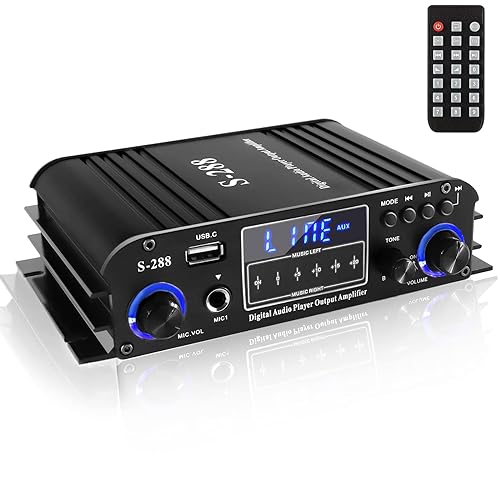 4 Channel Bluetooth 5.0 Stereo Amplifier, 50Wx4 HiFi Power Amp, 1200W Max, USB/SD/FM, Class D Home Audio Receiver for Home Theater & Karaoke, Includes Remote & Power Adapter
