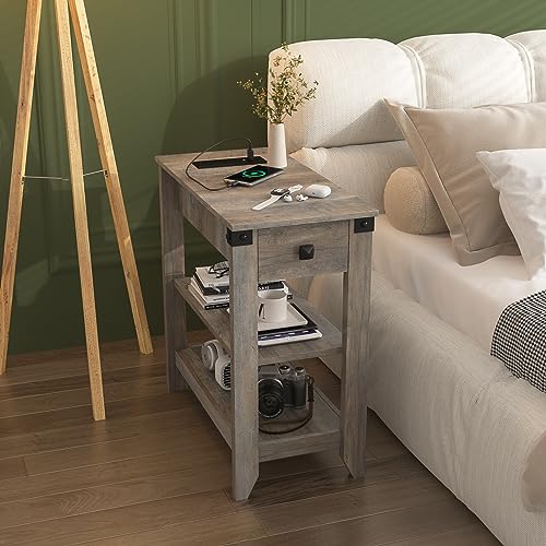 Fameill End Tables Living Room Set of 2, Narrow Side Table with Charging Station, Small Bedside Table for Small Space, Skinny Nightstand with Storage Drawer, Rustic Grey