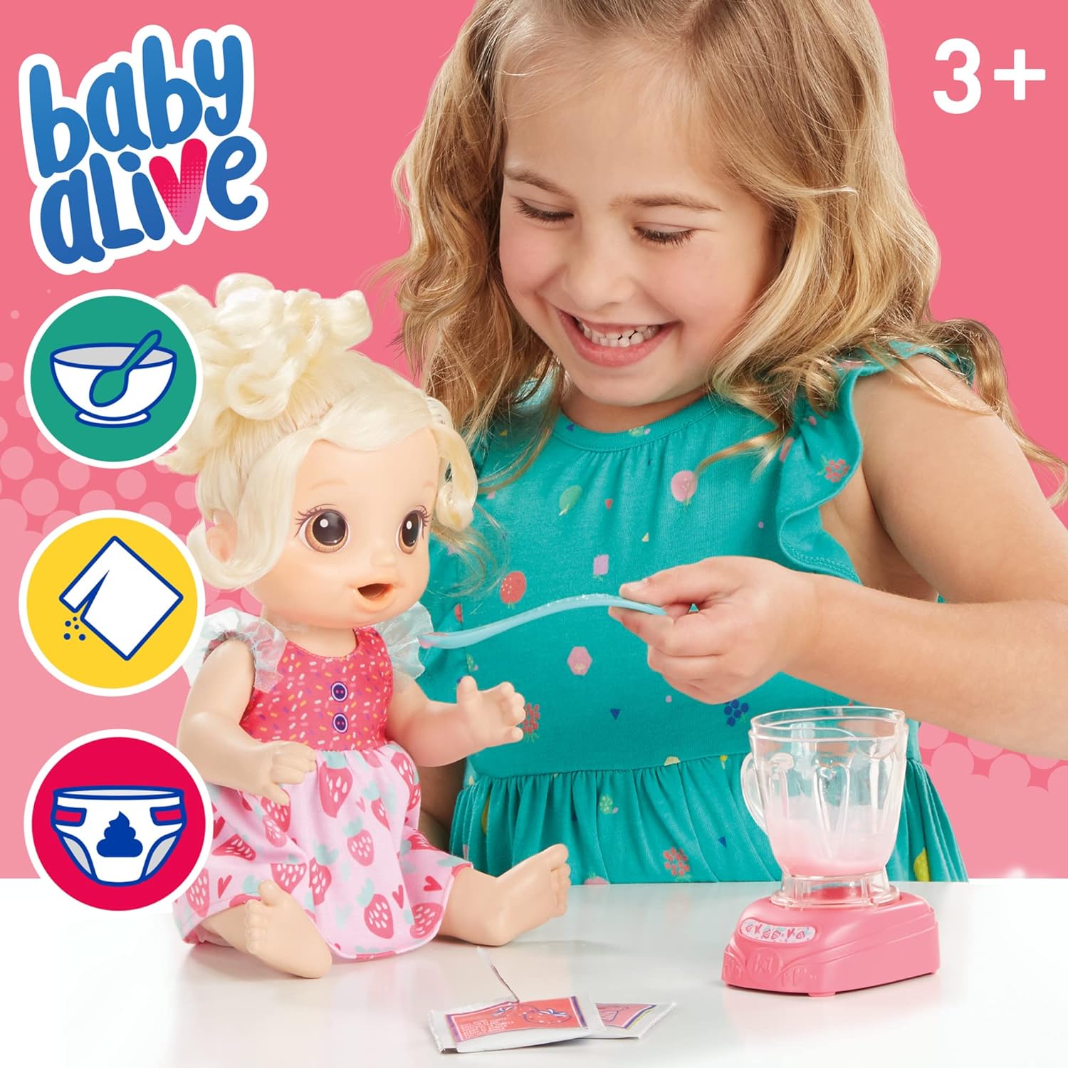 Baby Alive Magical Mixer Baby Doll, Strawberry Shake, Doll with Toy Blender, Baby Doll Set for Kids 3 and Up, Blonde Hair