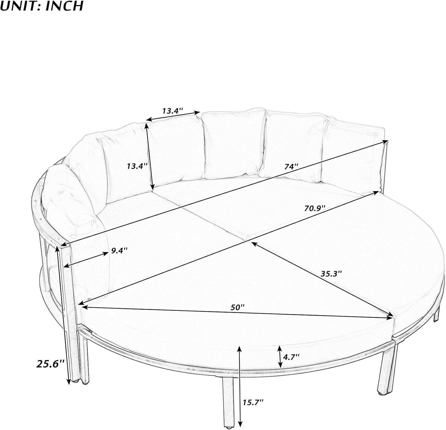 ROOMTEC Lounge Sofa Bed, U-style Sleeper Sofa Convertible Futon Couch for Outdoor Backyard,Living Room,Bedroom(Grey)