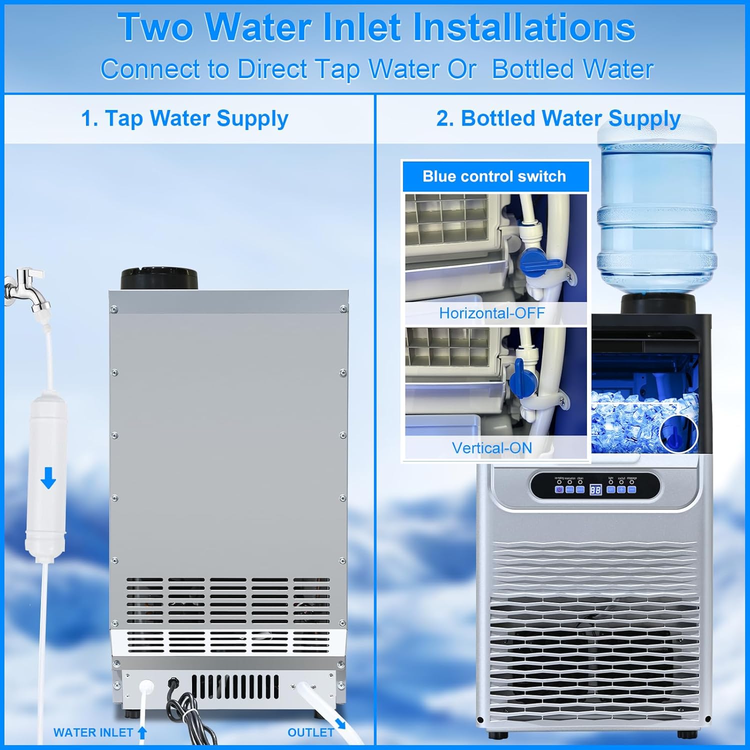 Commercial Ice Maker, 100Lbs/24H Ice Maker Machine, 2 Water Inlet Modes, Ice Maker with 20lbs Storage, Auto Self-Cleaning, Under Counter/Freestanding Ice Maker for Home/Office/Shop/Bar