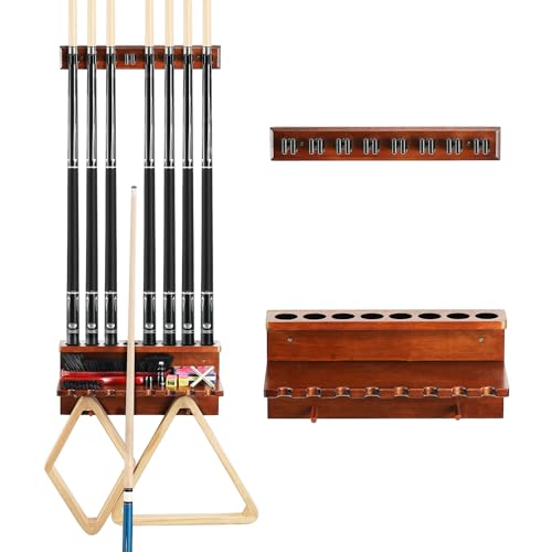 Wall Mount Pool Stick Holder - Billiards Pool Cue Rack Hardwood Pool Cue Set Holder for 6 Cues Sticks Storage Pool Table Accessories Equipment Organizer