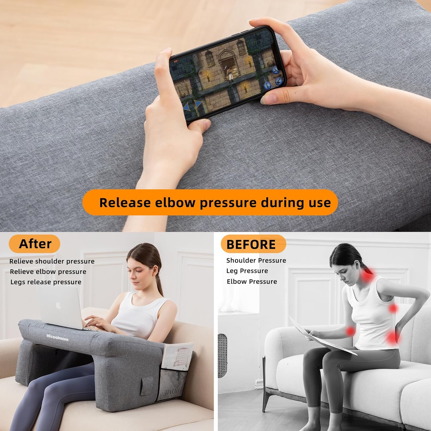 Reading Pillow for Gaming,Inflatable Bed Rest Pillow for Reading,lap desk Extra Large Arm Rest Pillow for bed,Floor,Working,Gaming,for Play Steam Deck Switch and PS5 while Sitting in Bed table pillow
