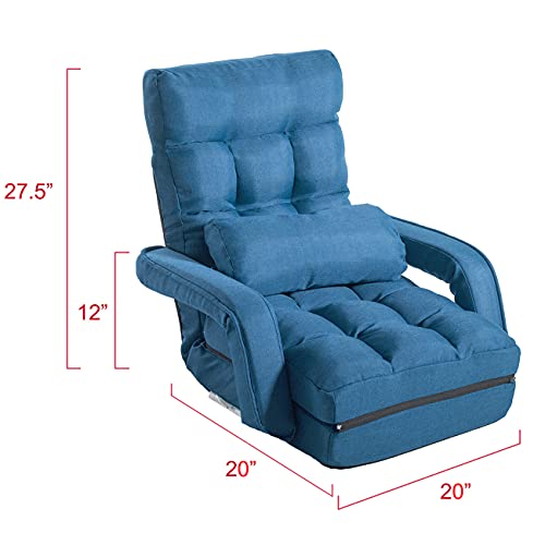 6-Position Adjustable Chaise Lounge Sofa, Folding Lazy Floor Chair Sofa Lounger Bed with Armrests and a Pillow Padded for Living Room (Blue)