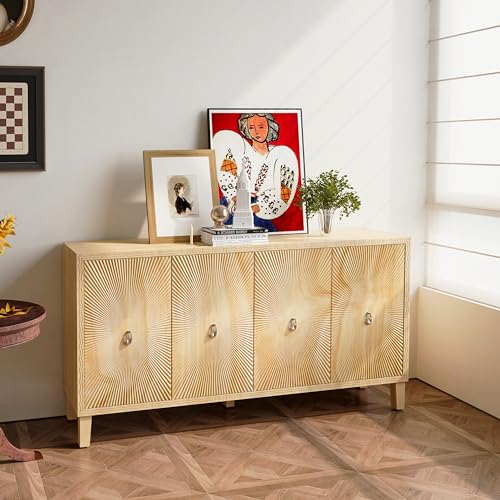 Wood Sideboard Buffet Cabinet Farmhouse Double Door Sideboard Buffet Cabinet 60 Inch Wood Kitchen Storage Cabinet for Living Room Kitchen Entryway Natural
