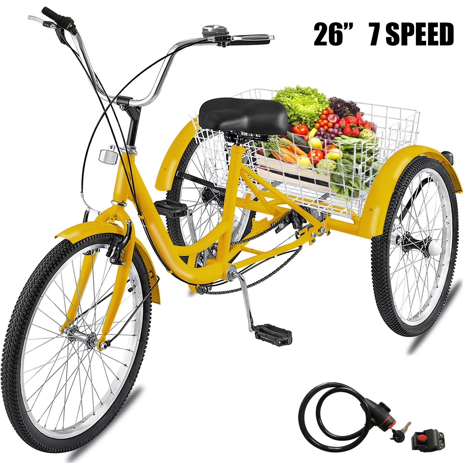 SKYSHALO Adult Tricycle 26in Adjustable Trike 7 Speed 3-Wheels Cruise Bike with Bell, Rear Brake System Cruiser Bicycles Large Size Basket for Shopping