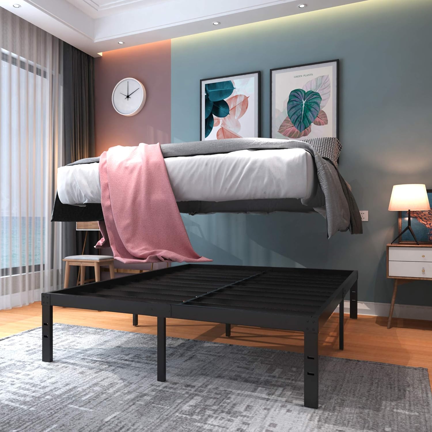 14 Inch Metal Platform Bed Frame/ Heavy Duty Steel Slat Mattress Foundation/ No Box Spring Needed/ Noise-Free/ None- Slip/ Black Finish, Cal King