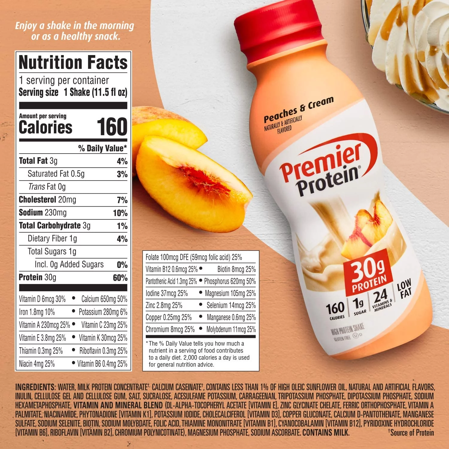 Premier Protein Shake 30g 1g Sugar 24 Vitamins Minerals Nutrients to Support Immune Health 11.5 12 Pack, Peaches & Cream, 138 Fl Oz