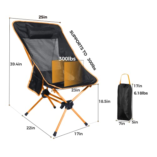 Ubon Compact Folding High Back Camping Chair Lightweight Portable Backpacking Chairs with 2 Side Pockets Black/Gray