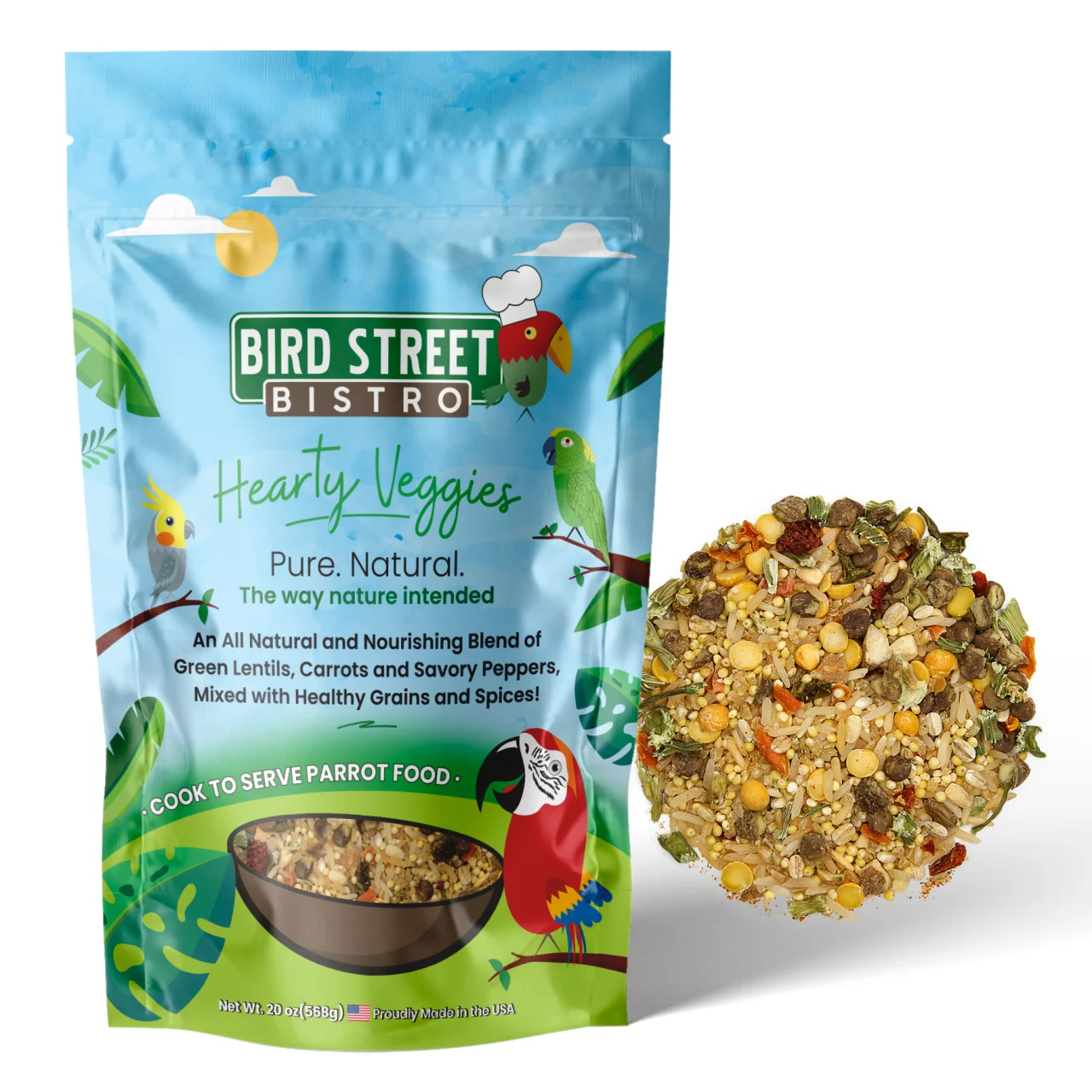 Bird Street Bistro Hearty Veggies Parrot Food Cooks in 3-15 Min Natural Grains