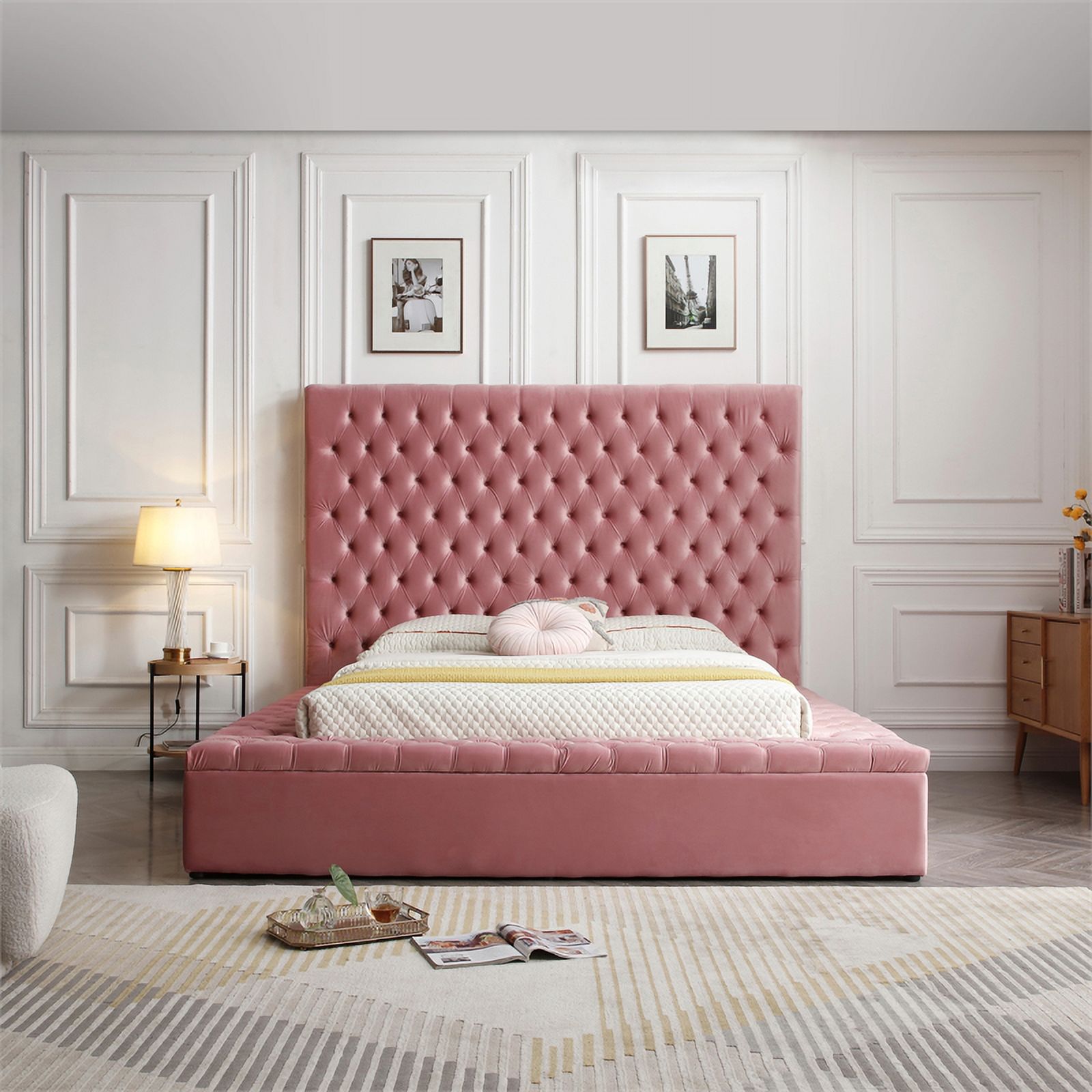 Better Home Products Cosmopolitan Velvet Upholstered Platform Queen Bed in Pink